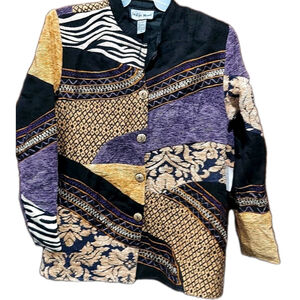 Vtg Indigo Moon Jacket Blazer Boho Embroidered Patchwork Tapestry Artsy Colorful